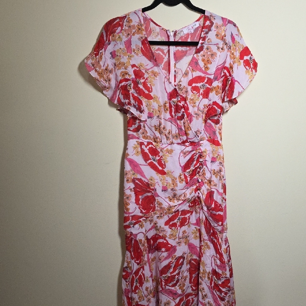 Parker Vivi White and Pink Flutter Sleeve Midi Dress.  Size 2 - Picture 2 of 5